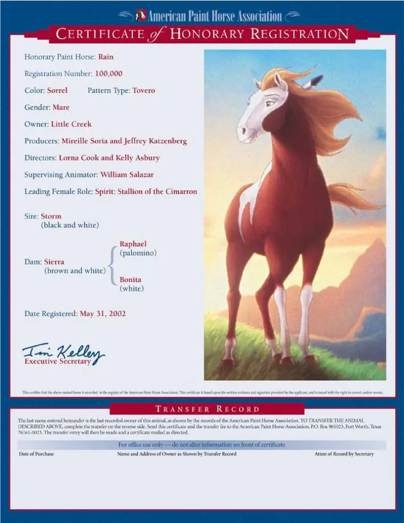 Rain, from the Spirit movie, was the first animated horse registered in the real world.