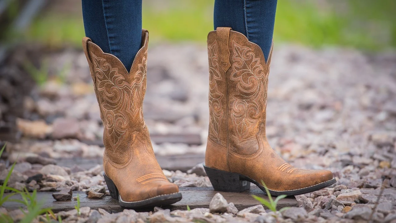 Close up of a woman walking in comfortable cowboy boots