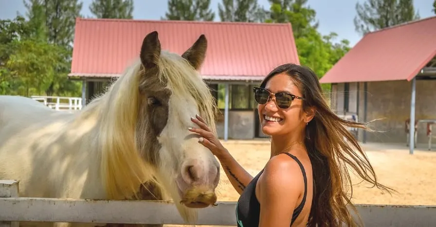 Girl smiling while she strokes a horse
