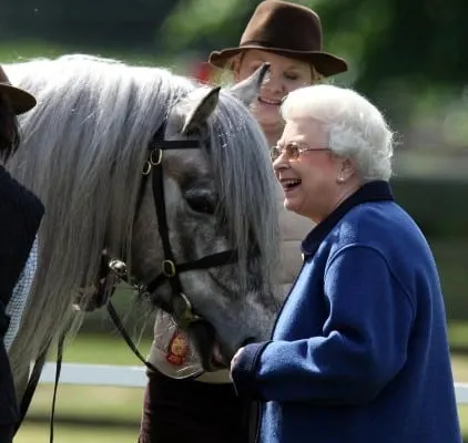 Queen Elizabeth stroking and smiling at a horse