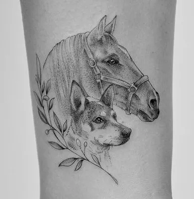 Beautiful black horse and dog tattoo design