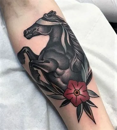 Blindfolded horse and red rose tattoo idea design for girls