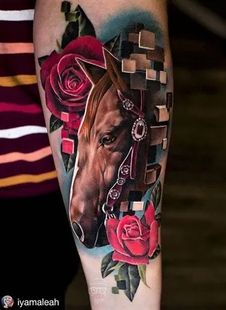 Bridle Horse Head & Blocks colorful tattoo design for men and women
