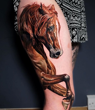 Detailed chestnut horse leg tattoo