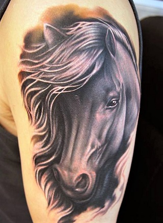 Black horse Face on Woman's Arm tattoo design idea