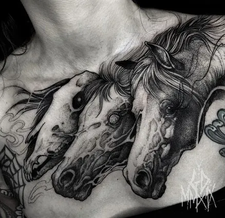 Strange but unique horse tattoo design or three horses heads