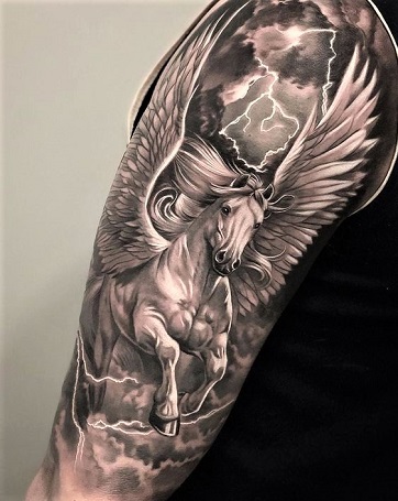Full sleeve Pegasus mythical horse and storm tattoo design on a man's arm
