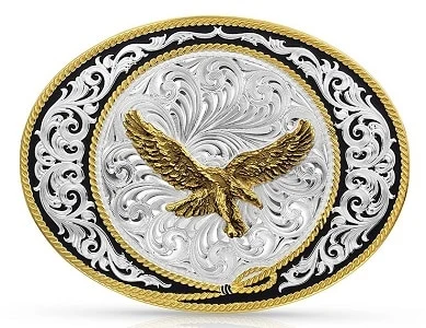 Silver cowboy belt buckle with a golden Bald Eagle - Western gift idea