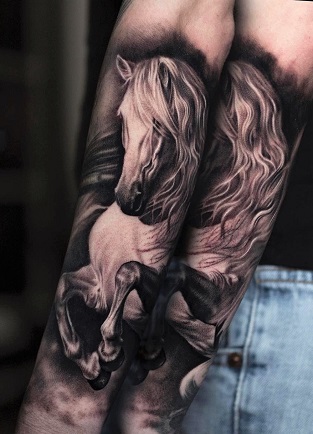 Horse over two forearms tattoo design idea