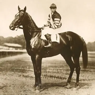 Man o War, legendary racehorse before the start of a race