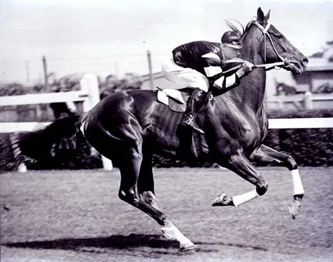 Phar Lap racing on a horse race track