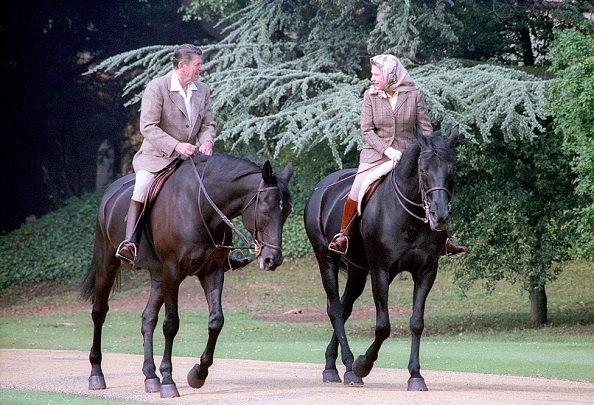Queen Elizabeth and President Ronald Reagan horse riding