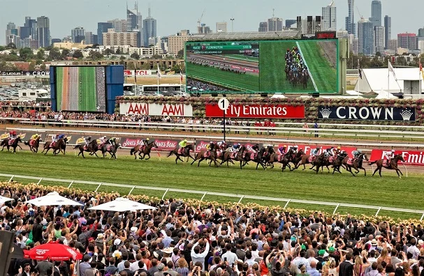 Melbourne Cup horse race 2012 with horses and crowd