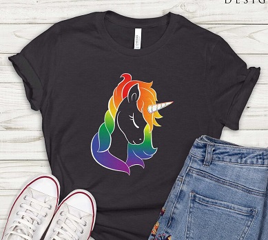 Black t-shirt with a unicorn with rainbow colored hair printed on the front