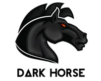 Dark horse comics logo that has a black horse with red eyes
