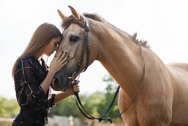 Young woman hugging her calm horse