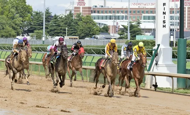 The finish line at the Churchill Downs horse racing track