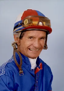 Famous jockey William Shoemaker in jockey clothing portrait photo
