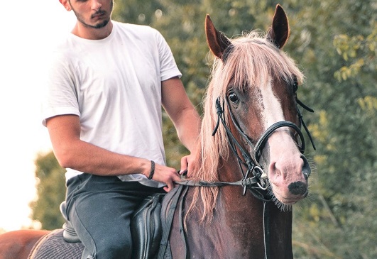 Man riding a horse with a bit in it's mouth