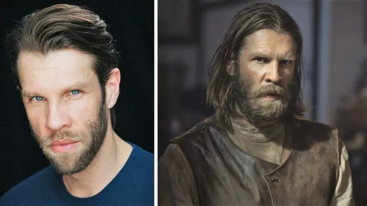 Actor Marc Rissmann on the left and his character Josef he plays in the 1883 Yellowstone prequel TV show on the right