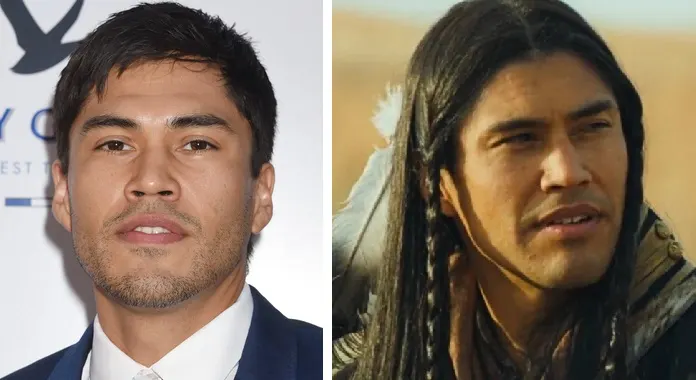 Actor Martin Sensmeier on the left, and the character he plays in 1883, Sam, on the right