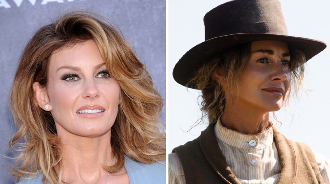 Actress Faith Hill on the right and the character she plays in the 1883 TV show, Margret Dutton