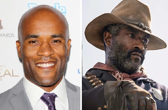 Close up photo of actor LaMonica Garrett on the left and the character he plays in 1883 TV show, Thomas, on the right