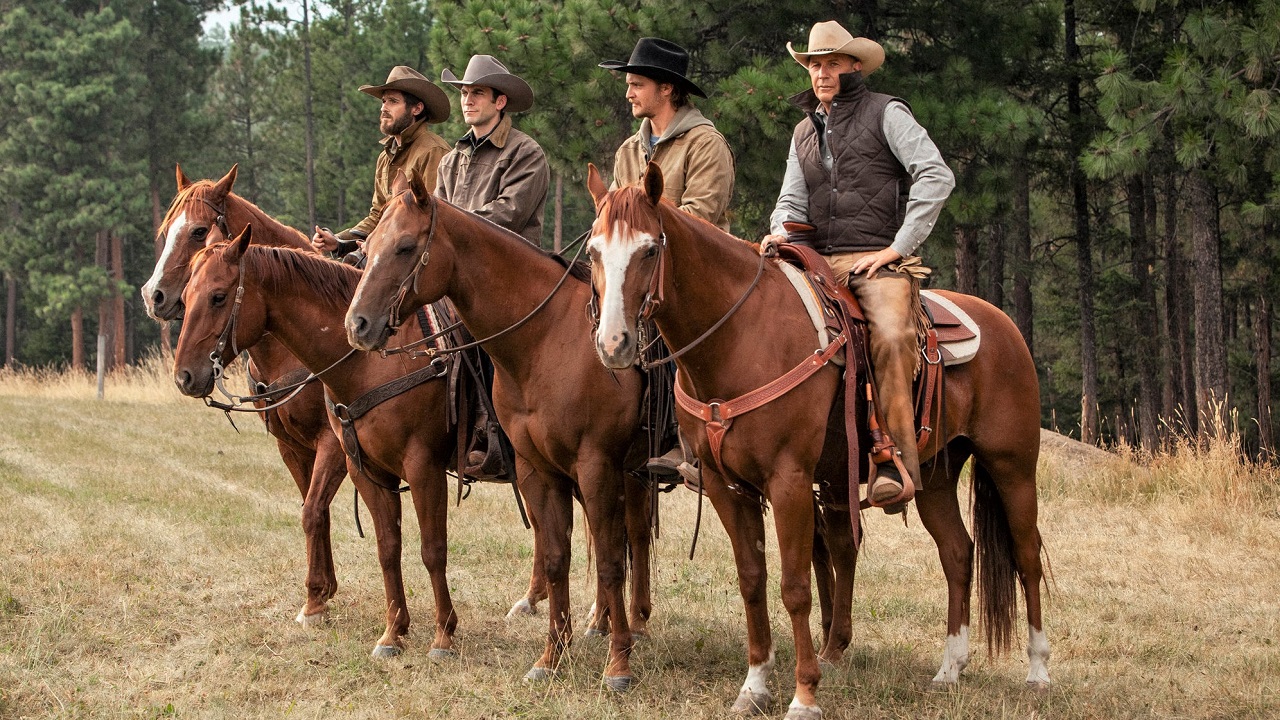 Four Duttons riding chestnut Quarter Horses on Yellowstone TV show