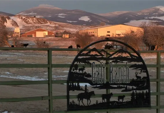 Galt Ranch sign and Galt Ranch in Montana in the background