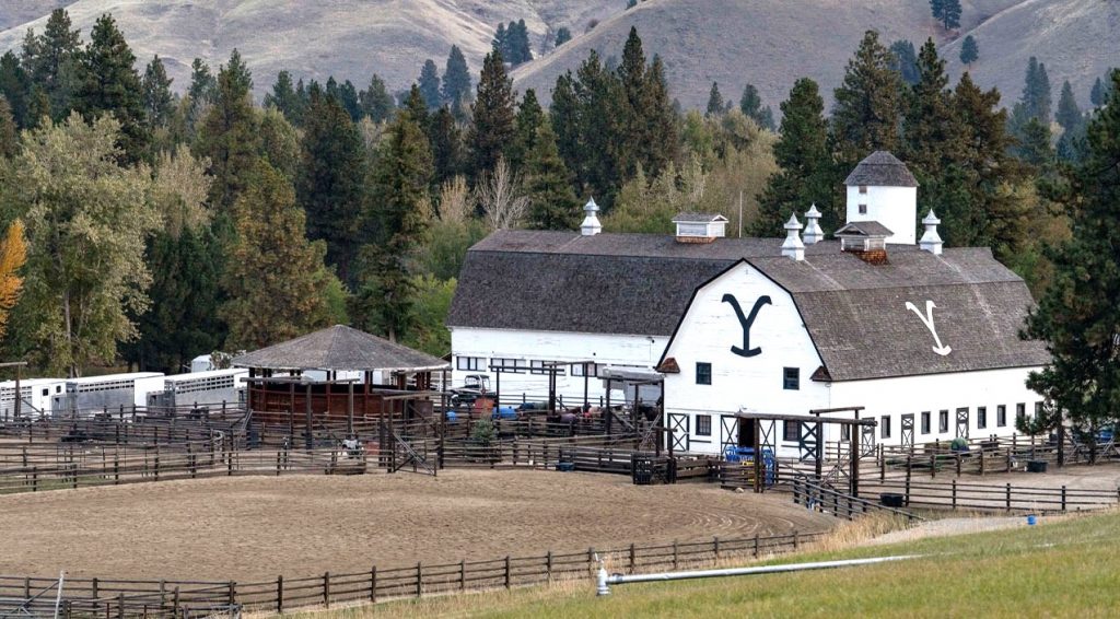 Paddocks and barns at the Yellowstone Dutton Ranch