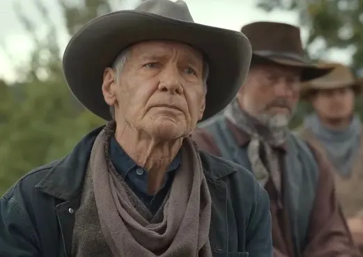 Actor Harrison Ford as Jacob Dutton in 1923, with John Dutton I in the background played by actor James Badge Bale