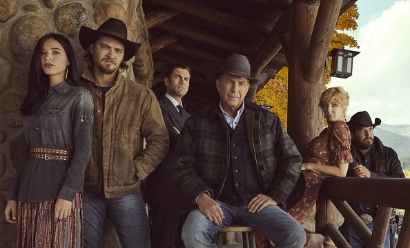 Monica Dutton (Kelsey Asbille), Kayce Dutton (Luke Grimes), Jamie Dutton (Wes Bentley), John Dutton (Kevin Costner), Beth Dutton (Kelly Reilly), and Rip Wheeler (Cole Hauser) in the Yellowstone TV series