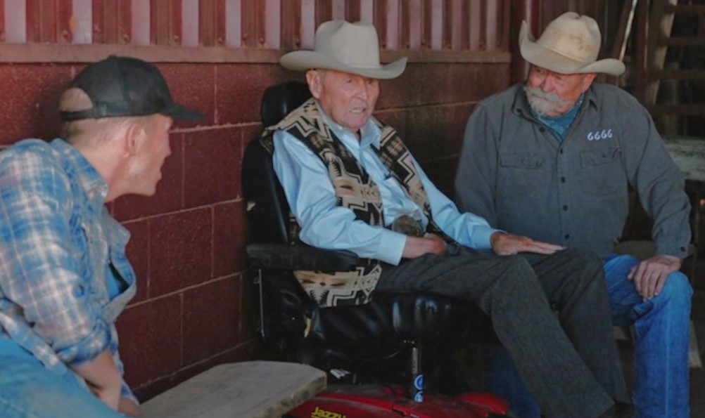 Jimmy, Buster Welsh, and Ross (Barry Corbin) at the Four Sixes Ranch in the Yellowstone TV show