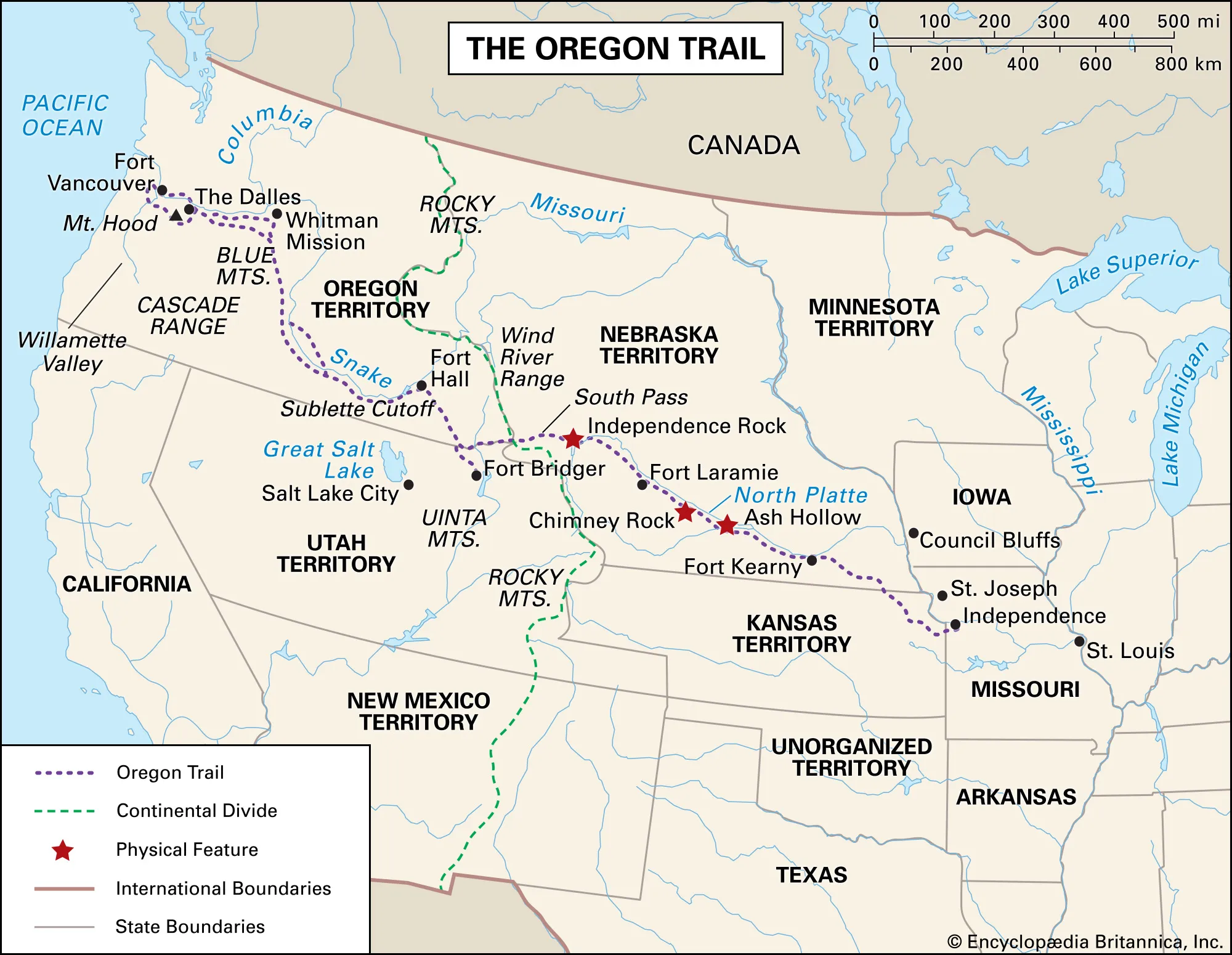 The Oregon Trail depicted on a map of the United States of America