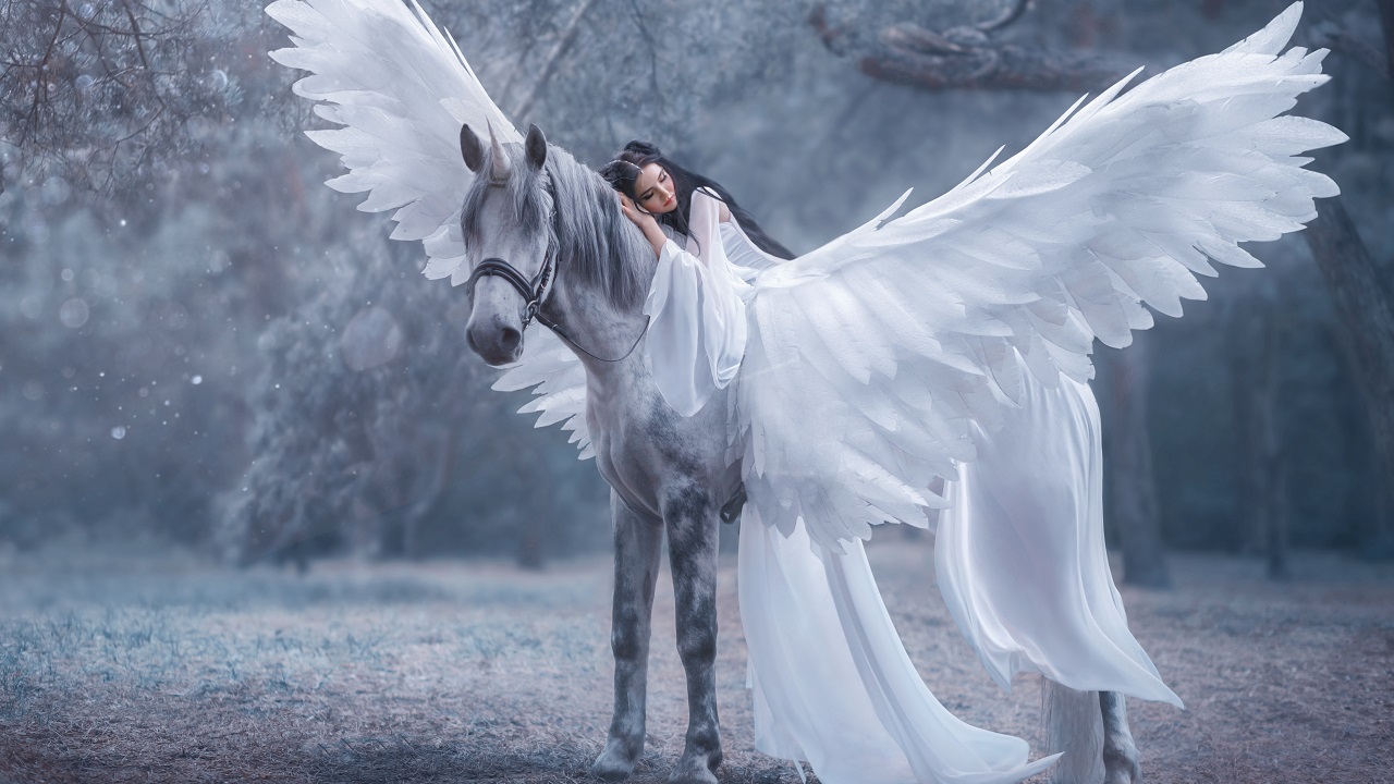 Woman riding a fantasy horse with the name pegasus