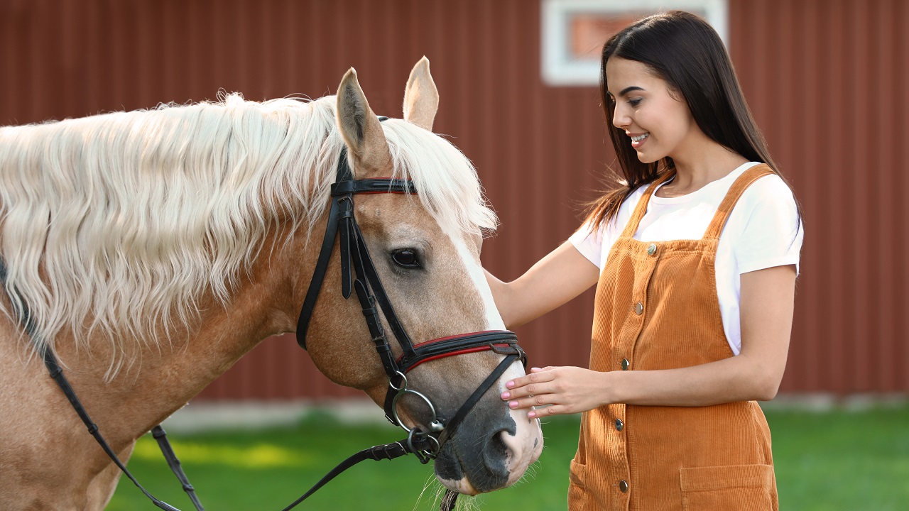 Woman smiling, stroking and think of a name for her palomino horse