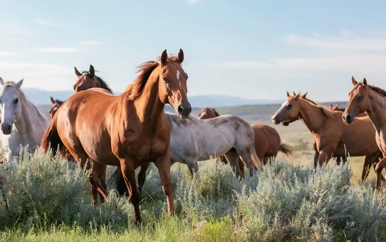 American wild horse herd with a chestnut horse in the foreground running towards the camera