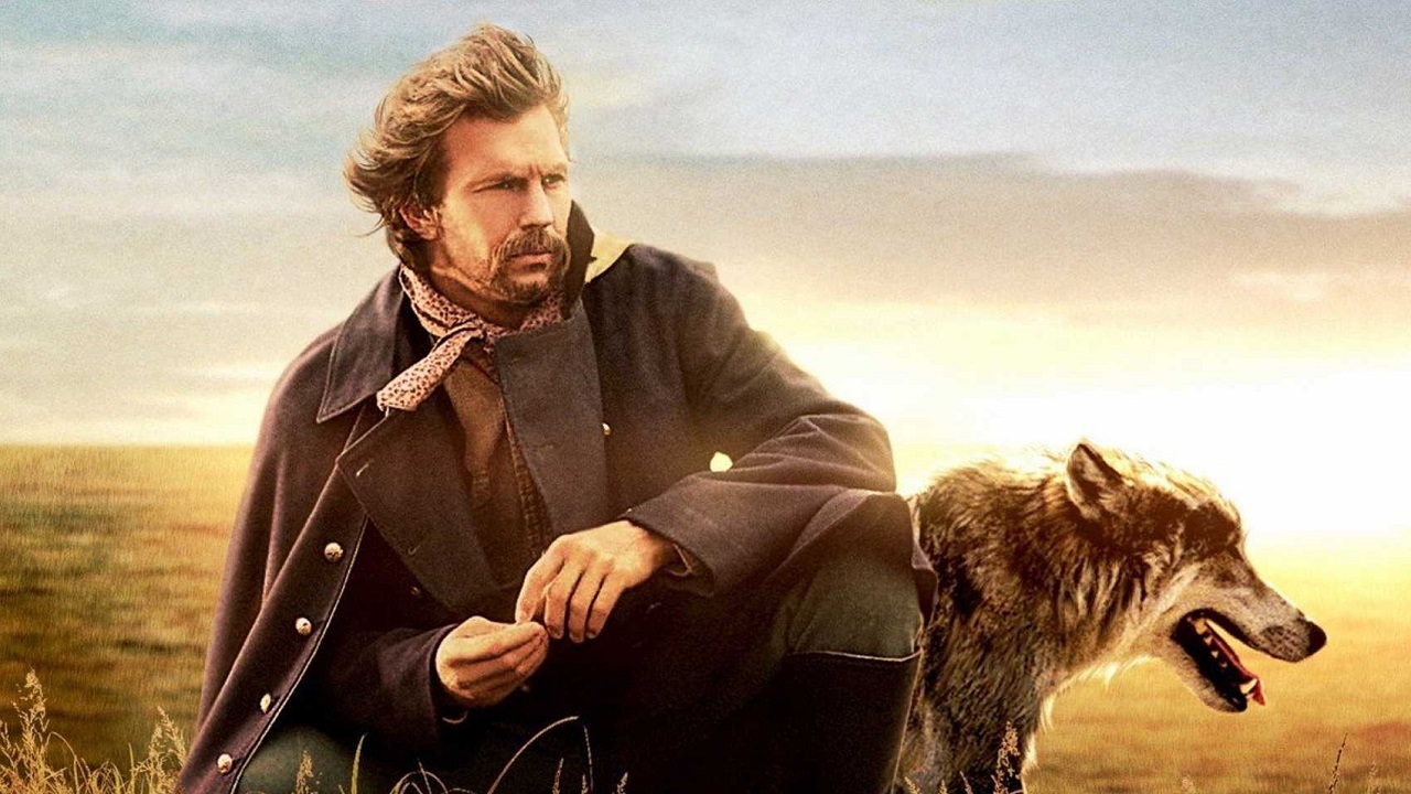 Kvein Costner and a wolf in the Dances With Wolves movie
