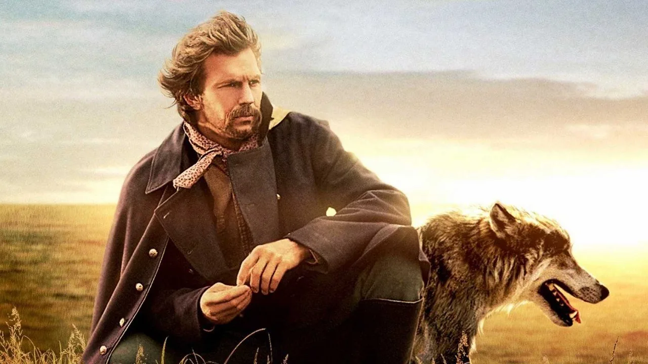 Kvein Costner and a wolf in the Dances With Wolves movie