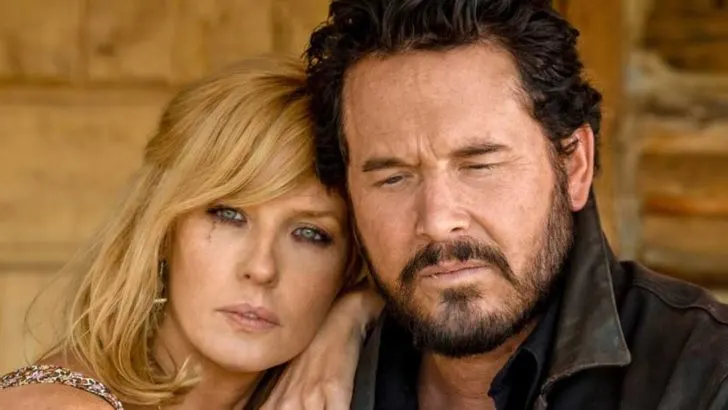 Beth Dutton and Rip Wheeler sitting next to each other in the Yellowstone TV show