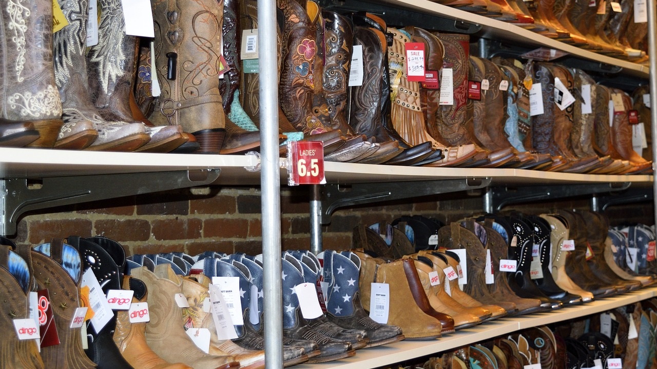 Rows of handmade cowboy boots made in Texas