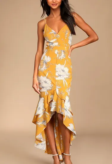 Darling Daylily Mustard Yellow Floral Maxi Dress