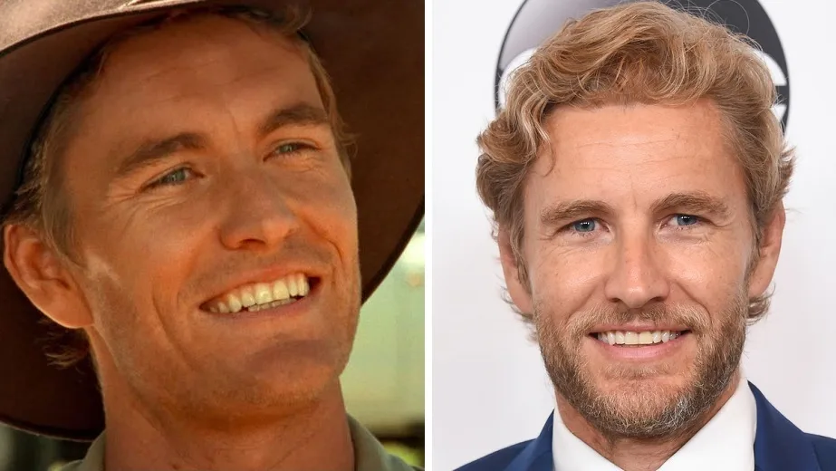 Dave Brewer from McLeod's Daughters on the left and the actor who plays him Brett Tucker on the right