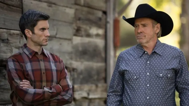Jamie Dutton and his biological father Garrett Randall standing outside a building in the Yellowstone TV series