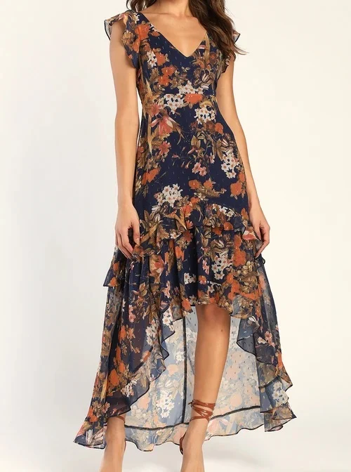 Stunning Favorite Navy Blue Floral Ruffled Maxi Dress