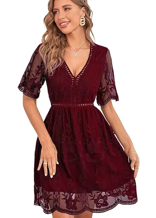 Womens V-Neck Floral Embroidered Lace Mini Dress Bridesmaid Wedding Guest