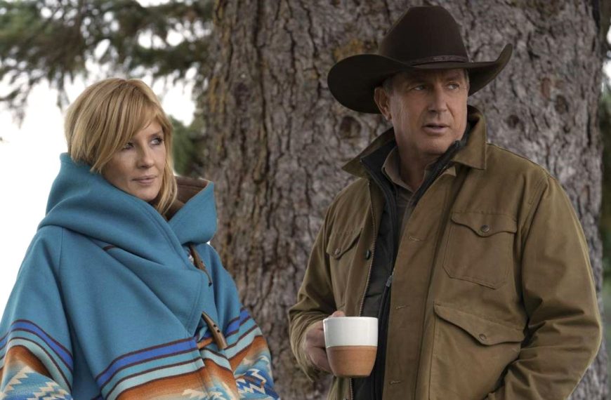 Beth Dutton and Kevin Costner on Yellowstone Dutton Ranch in the Yellowstone TV series
